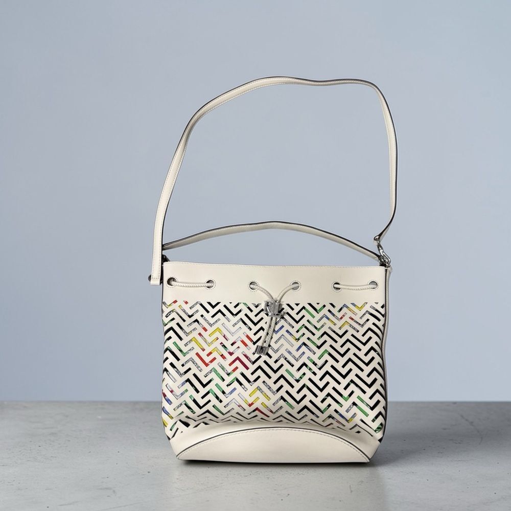 Lauren Ralph Lauren Andie Perforated Multicolor Vanilla Leather Drawstring Bag - Picture 2 of 13